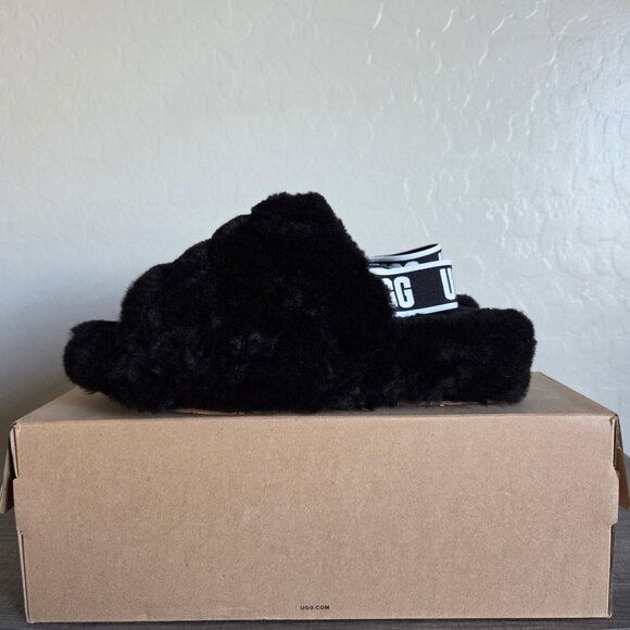 UGG Fluff Yeah Platform Slide Slipper Black Fur Sheepskin Sz Women's 9 Statement - Picture 3 of 12